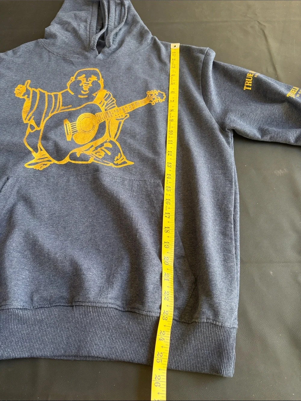 True Religion Buddha Graphic Pullover Hoodie Navy Blue Gold Logo Sleeve Large